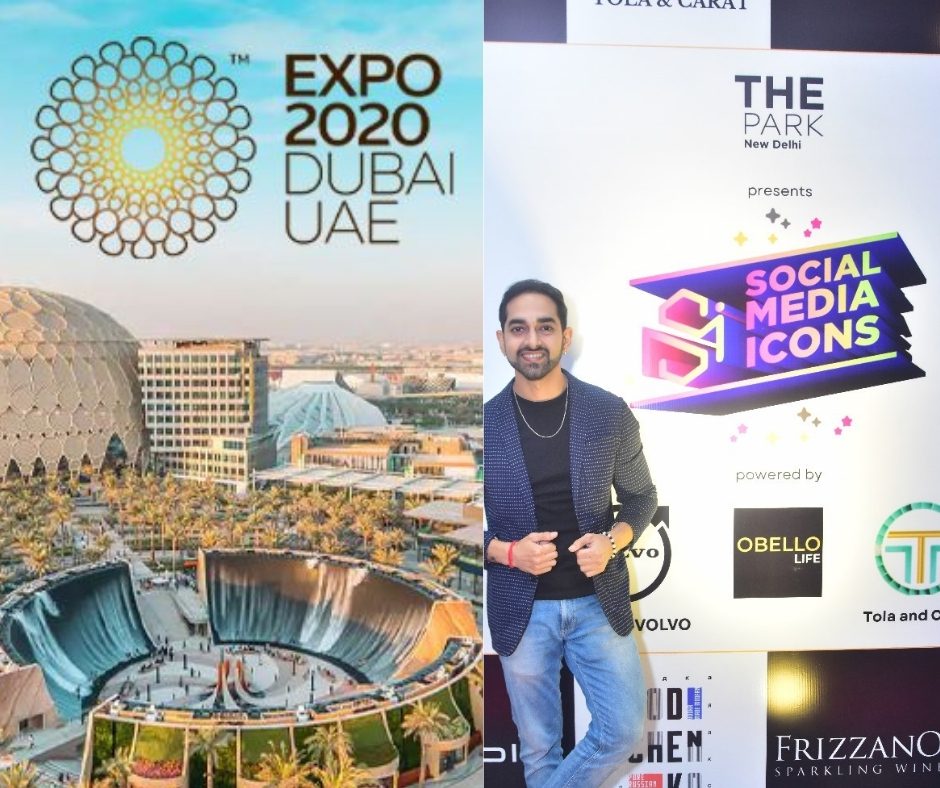 Expo 2020 dubai uae and social media icons aeard with influencer