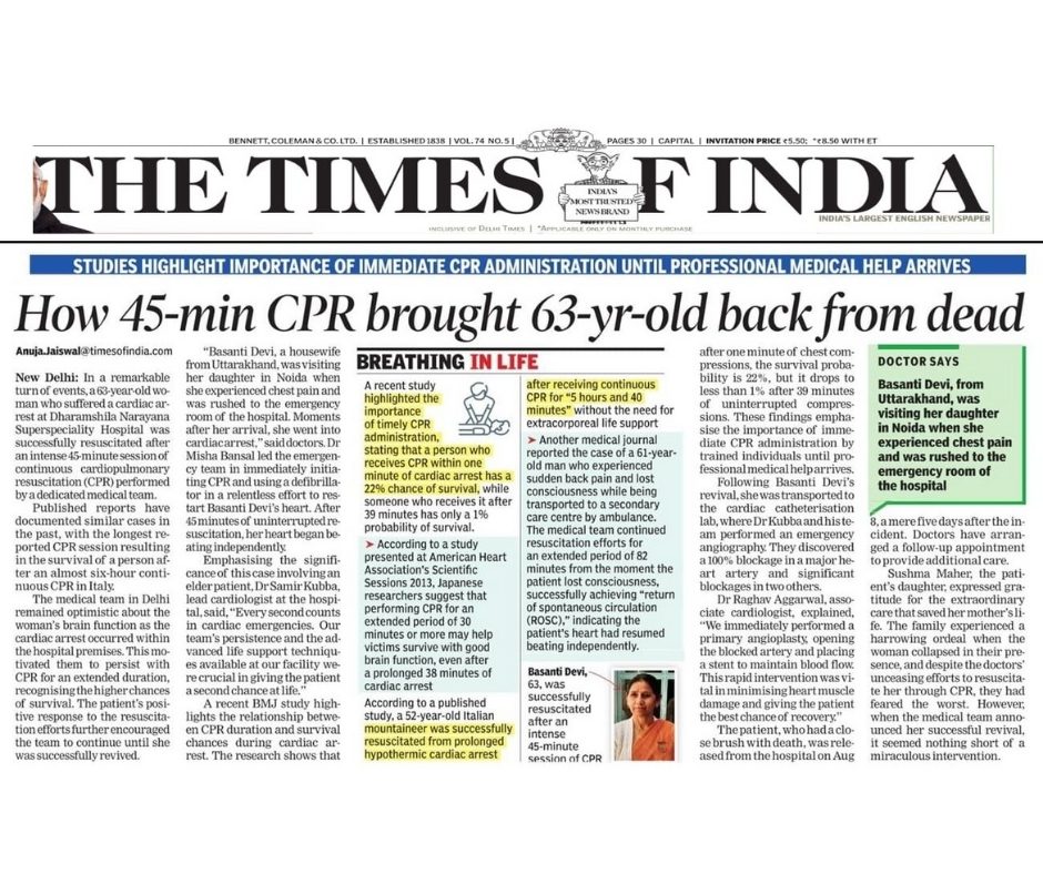 Masthead of The Times of India Headline: How 45-min CPR brought 63-yr-old back from dead