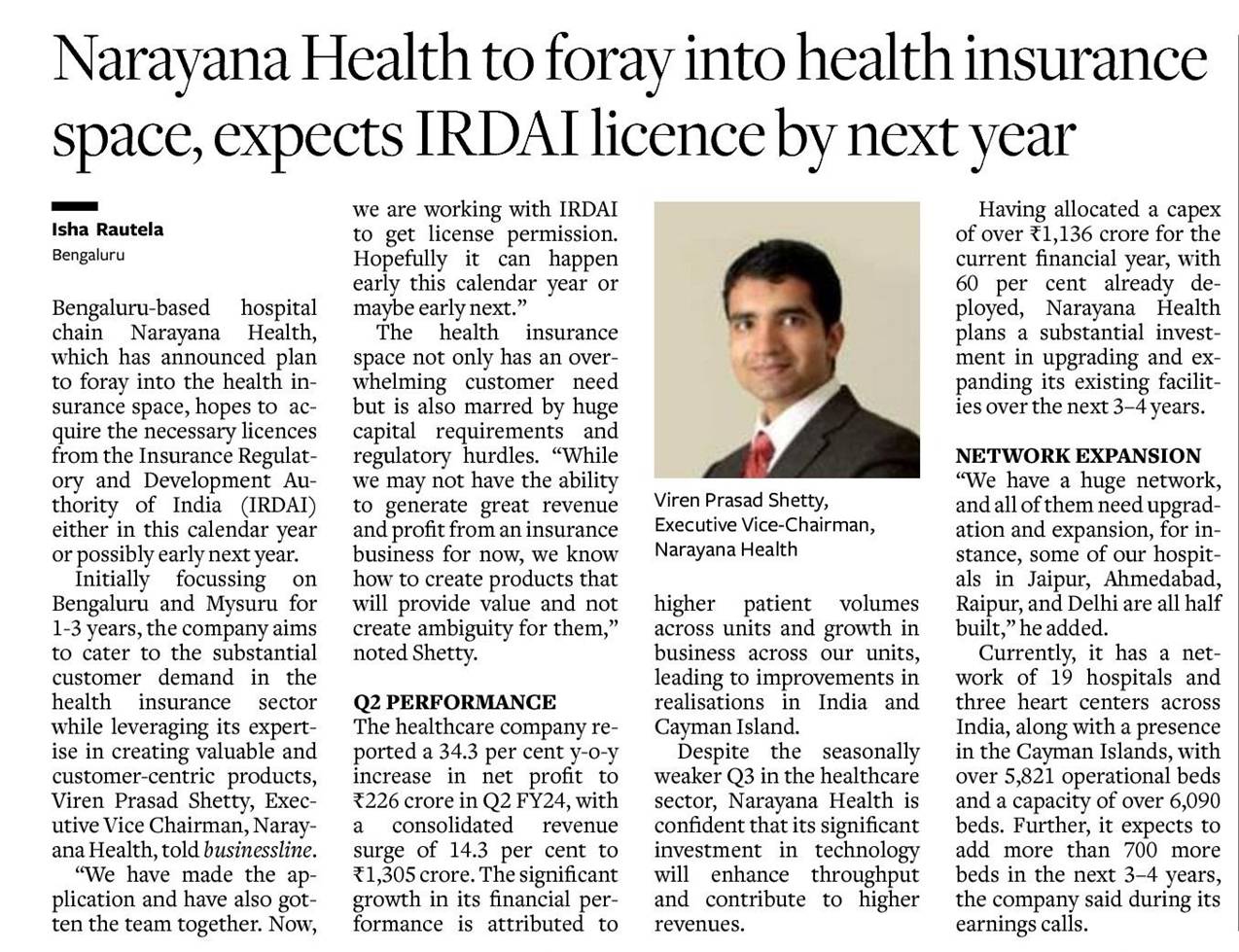 Narayana Health plans to enter the health insurance space & expects to receive an IRDAI licence