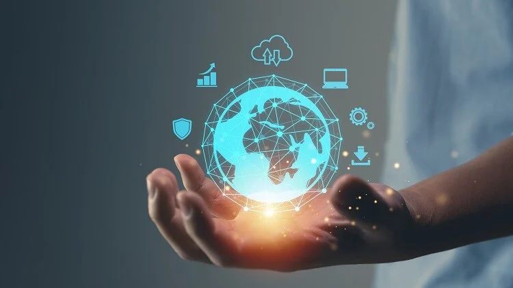Earth floating above person hand Surrounding icons cloud analytics security tool priushealthcare