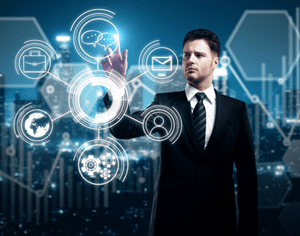 The floating icons represent data, communication, global networks and digital systems