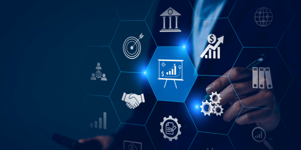 A professional is interacting with floating hexagonal icons on a digital interface - prius healthcare